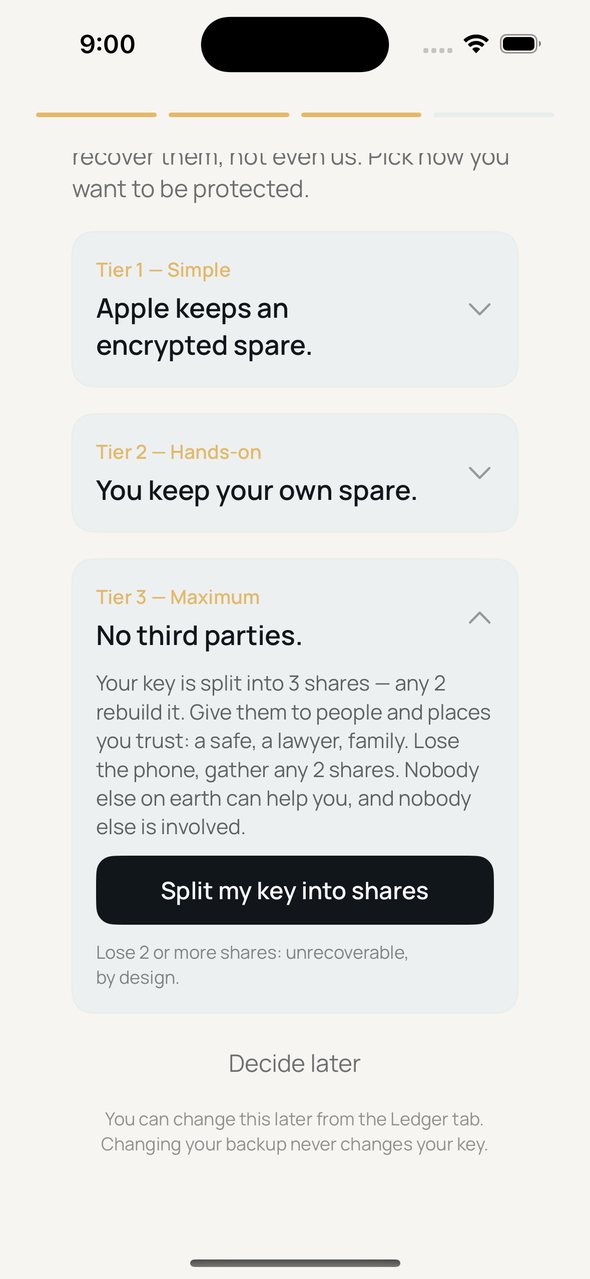 Field beta screen: the No third parties tier, which splits your key into three shares.
