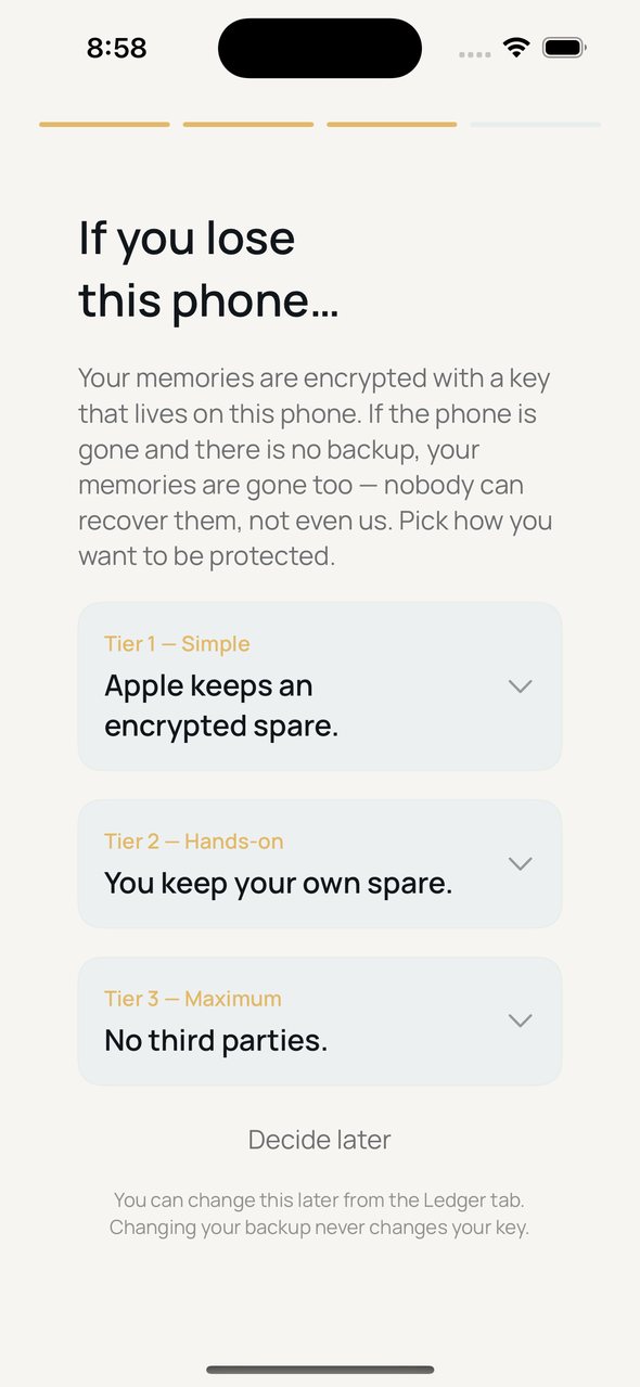 Field beta screen: If you lose this phone. Three backup tiers: Apple keeps an encrypted spare, you keep your own spare, or no third parties.